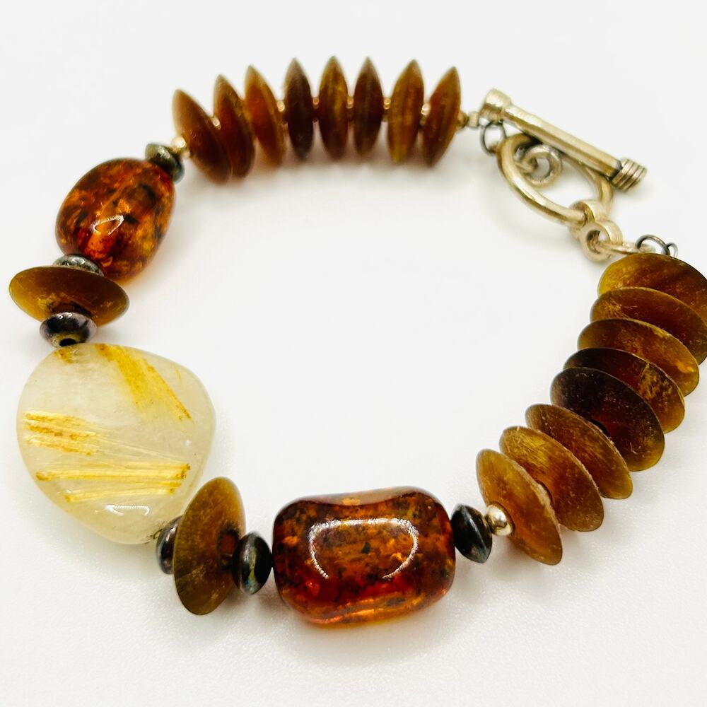 Artisan Chunky Rutilated White Gold Quartz Amber Resin Bead  Bracelet